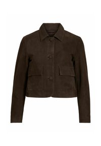 Brun ruskindjakke med krave, foran lukning med knapper og to påsyede lommer på brystet og siderne. Korthøjbredte design og glat tekstur.