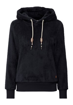 Black plush hoodie with a soft, textured fabric. Features a drawstring hood, ribbed cuffs, and a banded hem. Leather accent on the side.