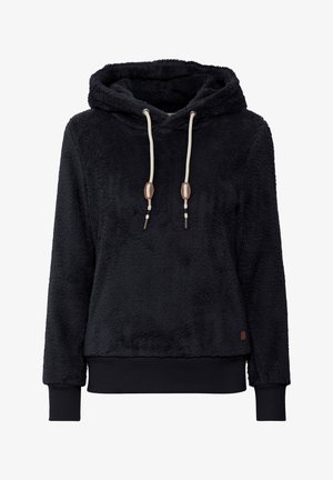Sort plush hoodie lavet af blødt, tekstureret stof. Har en hætte med snoretræk, ribbede mansjetter og en båndet kant. Læderdetalje på siden.