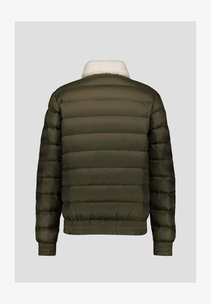 Padded olivegrüne Jacke mit einem weißen Fleece-Kragen, horizontaler Steppung, elastischen Bündchen und einem gerippten Saum.