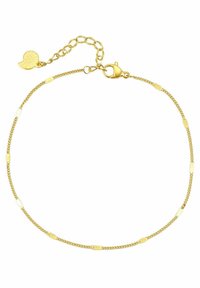 Złota bransoletka o naprzemiennych płaskich i teksturowanych ogniwach, wyposażona w zapięcie typu lobster oraz regulowany łańcuszek z zawieszką.