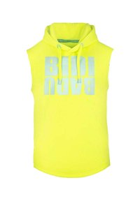 Camiseta sin mangas de color amarillo neón con capucha, cordones y texto en bloque azul claro impreso al revés en la parte frontal.