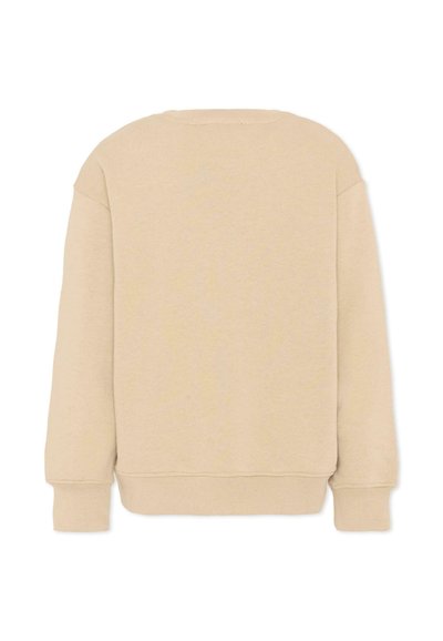 Sweat-shirt beige col rond avec manches longues et poignets et ourlet côtelés, présenté de dos sur un fond blanc.