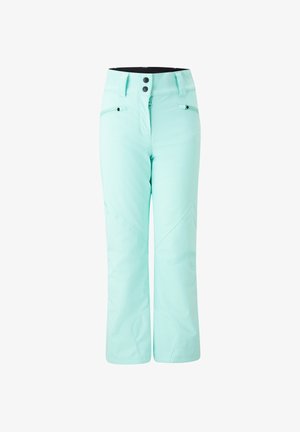 Ski pants in a light mint color, made from waterproof material. Features include a zip fly, two front pockets, and stitched detailing.