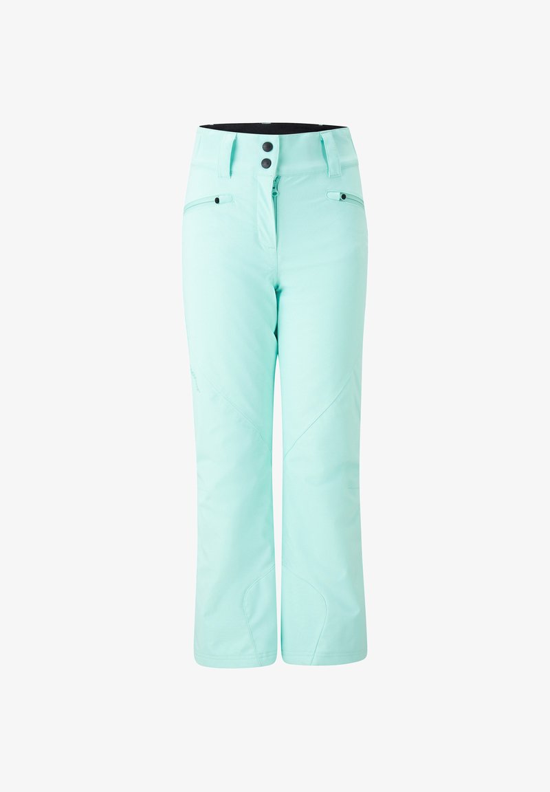 Ski pants in a light mint color, made from waterproof material. Features include a zip fly, two front pockets, and stitched detailing.