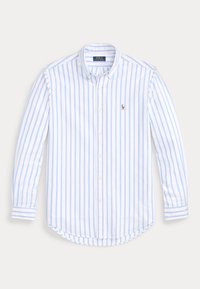 Witte button-up shirt met blauwe verticale strepen, lange mouwen en een gebogen zoom. Heeft een klein geborduurd logo op de borst en een button-down kraag.
