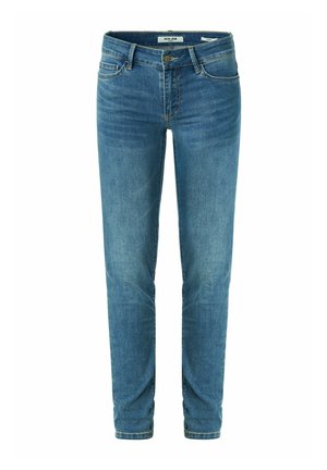 Jeans in denim blu con un design aderente, cinque tasche, cuciture visibili e chiusura a bottone in vita. Texture morbida con lieve sbiadimento.