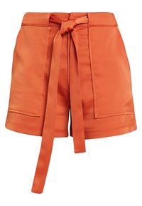Pomarańczowe szorty z wysokim stanem, wyposażone w pasek do wiązania, dwie przednie kieszenie, gładką fakturę oraz dopasowany krój.