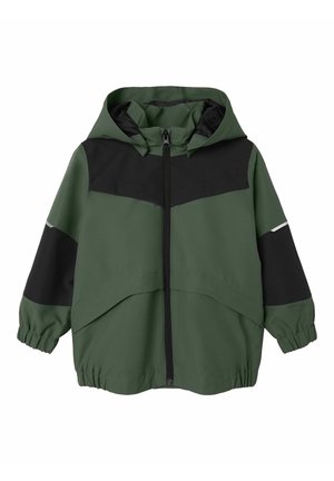 Veste à capuche pour enfants verte et noire avec fermeture éclair à l’avant, poignets élastiques et un ourlet légèrement arrondi.