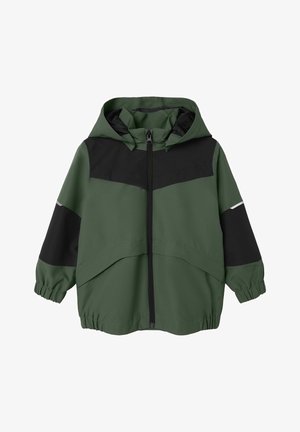 Veste à capuche pour enfants verte et noire avec fermeture éclair à l’avant, poignets élastiques et un ourlet légèrement arrondi.