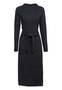 Robe midi en maille gris foncé à manches longues, avec un col rond et une ceinture en tissu assorti nouée à la taille.