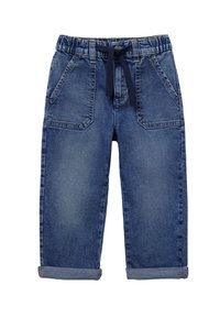 Pantaloni in denim di colore blu scuro con vestibilità rilassata, dotati di una cintura elastica, cordino e risvolti. Inclusi due taschini anteriori.
