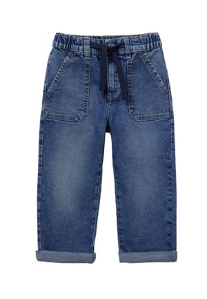 Jeans w ciemnoniebieskim kolorze o luźnym kroju, z elastycznym pasem, sznurkiem ściągającym i podwiniętymi mankietami. Zawierają dwie przednie kieszenie.