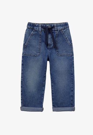 Pantaloni in denim di colore blu scuro con vestibilità rilassata, dotati di una cintura elastica, cordino e risvolti. Inclusi due taschini anteriori.