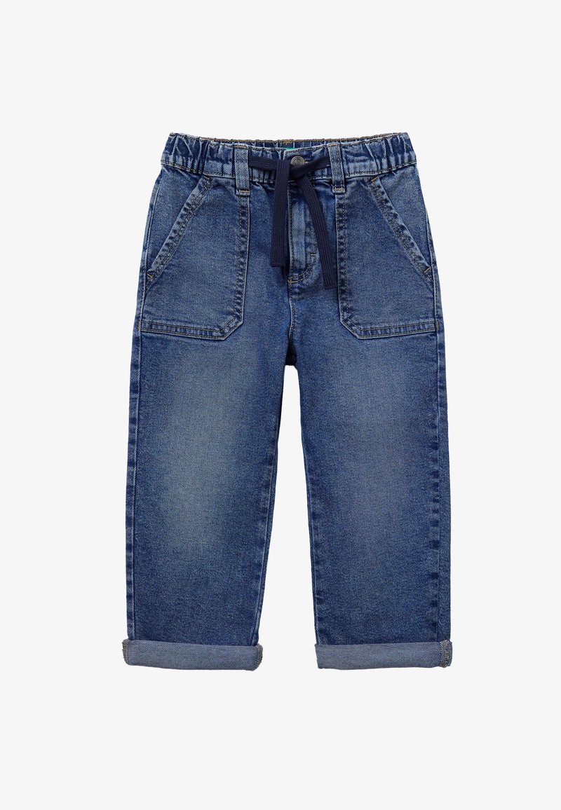 Pantalones de mezclilla en azul oscuro con un corte relajado, que incluyen una cintura elástica, cordón y puños enrollados. Incluye dos bolsillos delanteros.