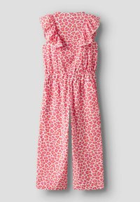 Jumpsuit rosa con stampa leopardata, maniche corte a volant, vita elastica e gambe ampie. Realizzato in tessuto leggero e morbido.