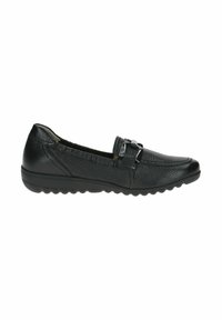 Mustad nahast loafers, mis on varustatud tekstureeritud viimistlusega, dekoratiivse pandlaga ning pehme tallaga, millel on kummine mustriga kulumiskindel pind.