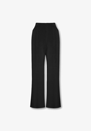 Pantaloni neri a gamba larga con vita alta, realizzati in un tessuto liscio leggermente strutturato e con spacchi laterali all'orlo per un dettaglio aggiuntivo.