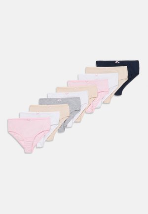 Conjunto de 12 cuecas femininas em rosa, branco, bege, cinza e azul-marinho, com um design simples e um pequeno laço na cintura.