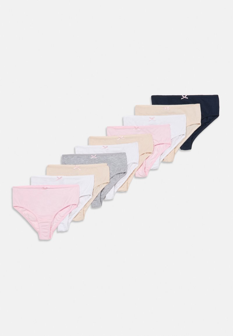 Set mit 12 Damenunterhosen in Pink, Weiß, Beige, Grau und Marineblau, mit einem schlichten Design und einem kleinen Schleifenakzent am Bund.