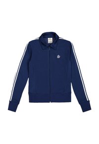 Giacca zip-up blu navy realizzata in tessuto morbido, con colletto, strisce bianche sui lati e un piccolo logo sul petto.