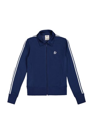Veste zippée bleu marine en tissu doux, dotée d'un col, de rayures blanches sur les côtés et d'un petit logo sur la poitrine.