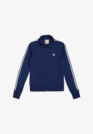 Granatowa kurtka z zamkiem błyskawicznym, wykonana z miękkiego materiału, z kołnierzykiem, białymi paskami po bokach oraz małym logo na piersi.