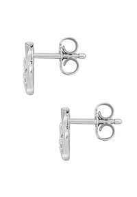 Pendientes de plata con diseño circular, que cuentan con piedras preciosas transparentes alrededor del borde y un cierre estándar de presión.
