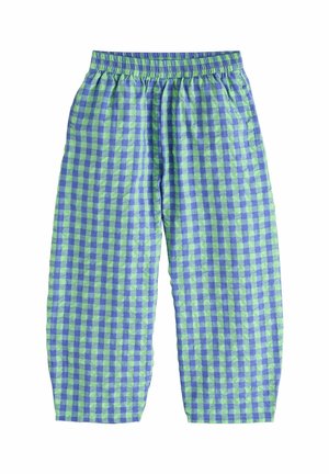 Locker sitzende Hose mit elastischem Bund in blau-grün kariertem Muster, frontal dargestellt.