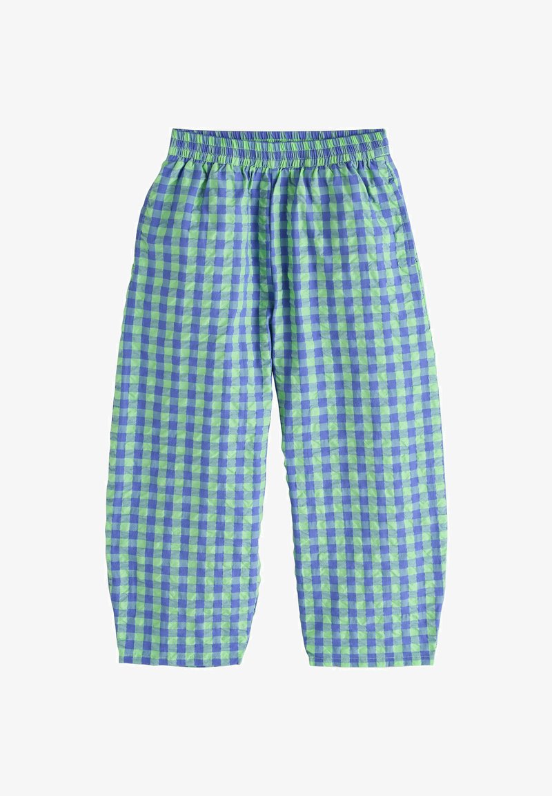 Pantalon ample à taille élastique avec motif à carreaux bleu et vert, présenté de face.