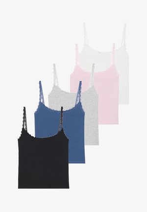 Cinque canottiere nei colori nero, blu, grigio, rosa e bianco; ognuna con spalline regolabili e pizzo lungo il collo e l'orlo.
