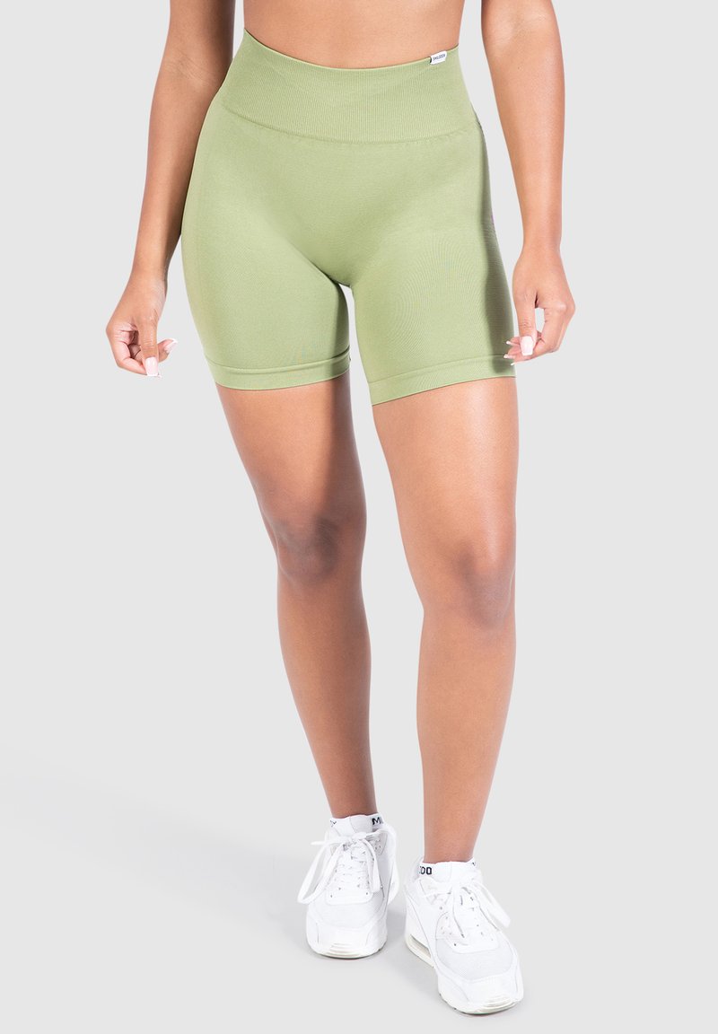 Olivgröna högmidjade shorts i stretchigt material, åtsittande design och kontrasterande ribbad midja utan synliga mönster eller detaljer.