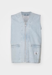Světle modrá džínová vesta s předním zipem, bez rukávů, dvěma předními kapsami a štítkem s logem Calvin Klein Jeans. Hladká textura, minimalistický design.