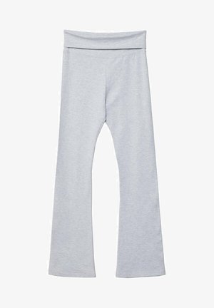 Grå flare leggings med en bred, blød talje, lavet af et glat, strækbart stof. Har en tætsiddende pasform og ankellængde.