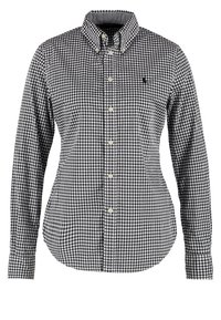 Black and white gingham button-up shirt with a collar, long sleeves, and five buttons, featuring a small logo on the left chest.