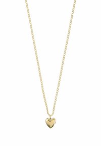 Collier en chaîne de couleur or avec un pendentif en forme de cœur poli. La chaîne a un design en maillons et le pendentif présente une texture lisse.
