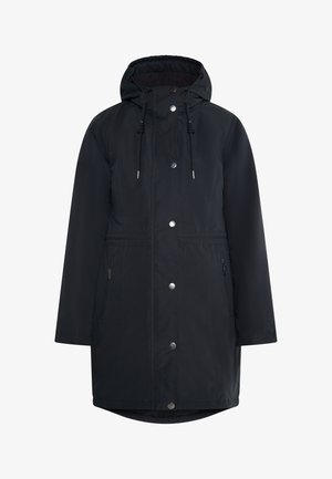 Sort, vandtæt frakke med hætte, knaplukning foran, sidelommer og justerbare snore til talje og hætte. Glat tekstur.