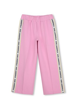 Pantalon large rose avec ceinture élastique et bandes latérales blanches comportant le logo Karl Lagerfeld en noir répété.