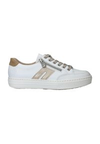 Weiße Ledersneaker mit hellbraunen Akzenten. Verfügt über einen seitlichen Reißverschluss, beige Schnürsenkel, eine strukturierte Mittelsohle und eine Gummisohle mit einem gemusterten Grip.