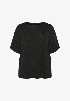 Schwarzes T-Shirt mit kurzen Ärmeln und Rundhalsausschnitt, das einen dezenten metallischen Glanz hat und locker sitzt, gefertigt aus einem strukturierten Stoff.