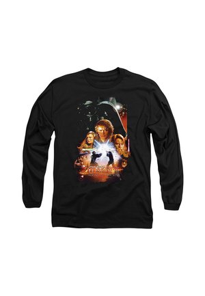 Schwarzes Langarmshirt mit Charakteren aus Star Wars Episode III, darunter Anakin, Obi-Wan, Padmé, Darth Vader und einer Lichtschwert-Kampfszene.