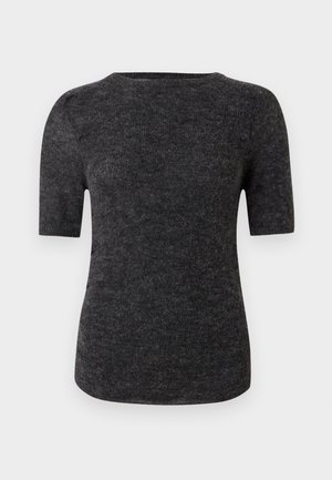 Rövid ujjú, sötétszürke kötött felső, kerek nyakkivágással és sima textúrával, formás szabással.