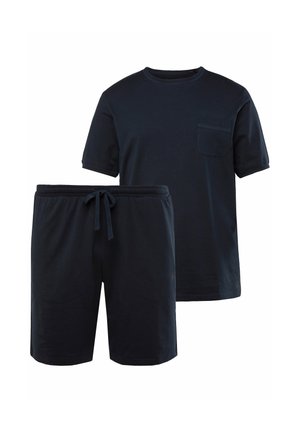 Navyblaues Baumwoll-Loungewear-Set mit einem kurzärmligen T-Shirt mit einer Tasche und Shorts mit elastischem Bund und Kordelzug.