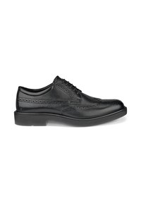 Chaussure brogue homme en cuir noir avec perforations à bout golf et fermeture à lacets, vue de profil sur fond blanc.