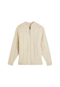 Beige Kabelstrickpullover mit hohem Kragen und kurzem Reißverschluss, mit gerippten Bündchen und Saum, aus einem strukturierten, warmen Stoff gefertigt.
