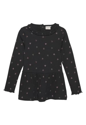 Schwarzes langärmliges Kleid mit gerafftem Tailleneinsatz, das mit kleinen rosa und grünen Herzmustern verziert ist und einen rüschenden Ausschnitt hat. Weicher, dehnbarer Stoff.