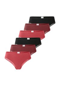 Fünf Paar Damen-Baumwollslips mit Spitzenbesatz. Farben umfassen Schwarz und verschiedene Rottöne in unterschiedlichen Stilen und Größen.