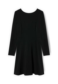 Schwarzes Langarmkleid mit rundem Ausschnitt, tailliertem Oberteil und schwingendem Rock. Glatte Textur ohne sichtbare Muster oder Hardware.