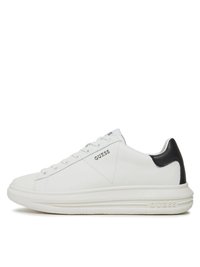 Sneakers in pelle bianca con finitura liscia, accentuazione nera sul tallone e logo argentato sul lato. Presentano lacci rotondi e suola ammortizzata.