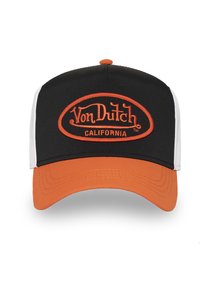 Gorra trucker de Von Dutch California en negro y naranja con lados de malla blanca y visera naranja.